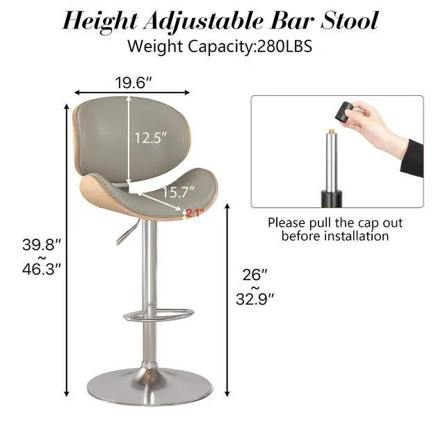 Alt view image 2 of 7 - Bar Stools Set of 3, Swivel Adjustable Height Barstools, PU Leather Upholstered Bar Chairs with Footrest, Bentwood Bar Stool for Kitchen, Bar, Dining Room(Grey PU)