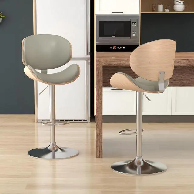 Alt view image 7 of 7 - Bar Stools Set of 6, Swivel Adjustable Height Barstools, PU Leather Upholstered Bar Chairs with Footrest, Bentwood Bar Stool for Kitchen, Bar, Dining Room(Grey PU)