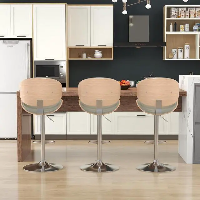 Alt view image 6 of 7 - Bar Stools Set of 6, Swivel Adjustable Height Barstools, PU Leather Upholstered Bar Chairs with Footrest, Bentwood Bar Stool for Kitchen, Bar, Dining Room(Grey PU)