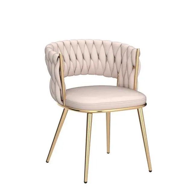 Alt view image 4 of 7 - Modern Velvet Dining Chairs Set of 2, Upholstered Living Room Chair with Woven Back and Golden Metal Legs, Mid-Century Accent Side Chair for Living Dining Room, Kitchen, Beige