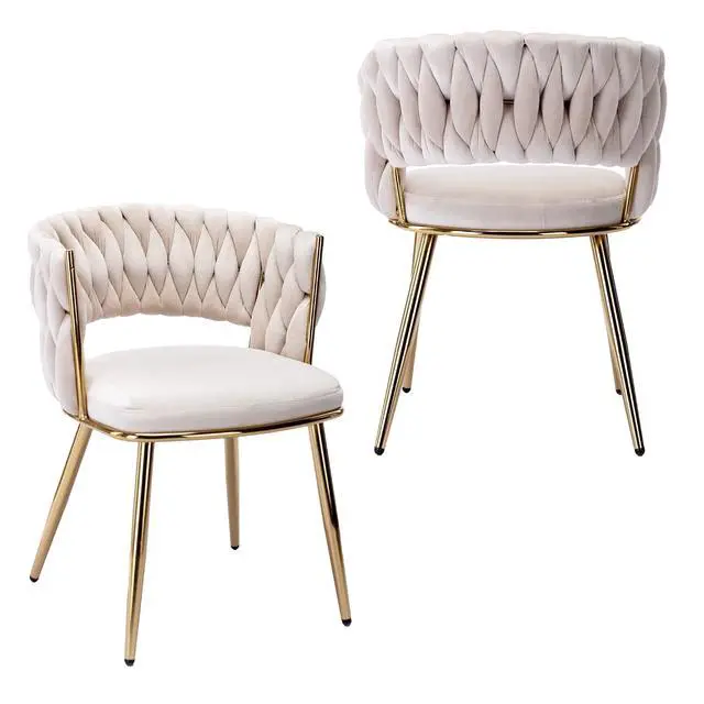 Main image of Modern Velvet Dining Chairs Set of 2, Upholstered Living Room Chair with Woven Back and Golden Metal Legs, Mid-Century Accent Side Chair for Living Dining Room, Kitchen, Beige