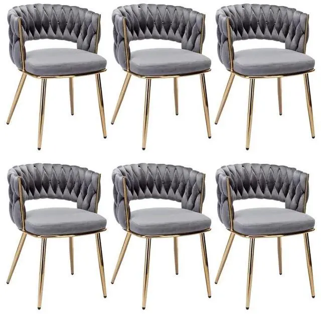 Main image of Velvet Dining Chairs Set of 6, Gold Modern Dining Chair with Metal Legs, Woven Upholstered Dining Chairs for Dining Room, Kitchen, Vanity, Living Room (Gray)