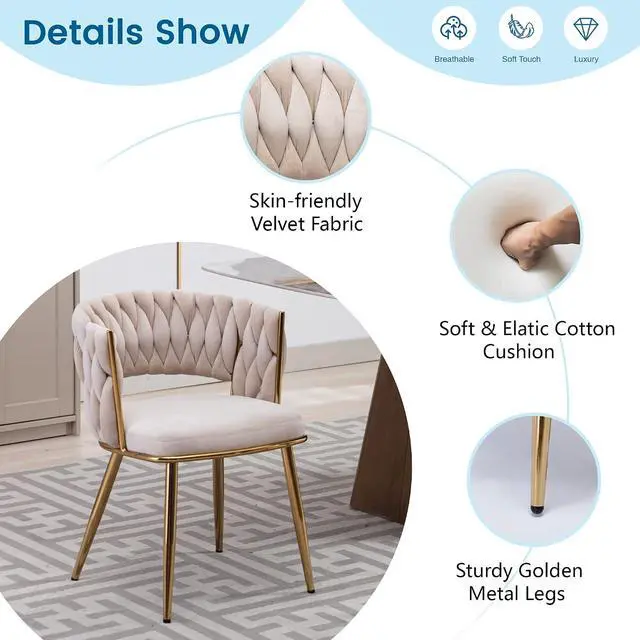 Alt view image 5 of 7 - Modern Velvet Dining Chairs Set of 2, Upholstered Living Room Chair with Woven Back and Golden Metal Legs, Mid-Century Accent Side Chair for Living Dining Room, Kitchen, Beige