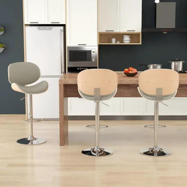 Alt view image 4 of 7 - Bar Stools Set of 3, Swivel Adjustable Height Barstools, PU Leather Upholstered Bar Chairs with Footrest, Bentwood Bar Stool for Kitchen, Bar, Dining Room(Grey PU)