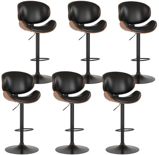 Main image of Bar Stools Set of 6, Swivel Adjustable Height Barstools, PU Leather Upholstered Bar Chairs with Footrest, Bentwood Bar Stool for Kitchen, Bar, Dining Room(Black PU)