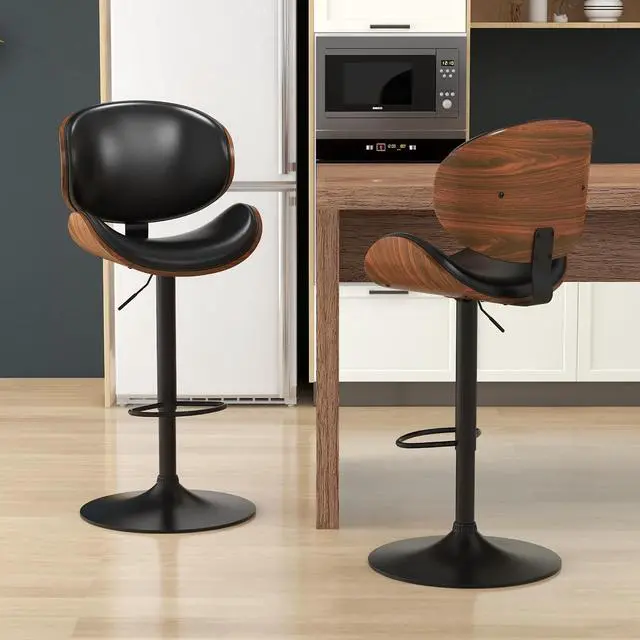 Alt view image 2 of 7 - Bar Stools Set of 6, Swivel Adjustable Height Barstools, PU Leather Upholstered Bar Chairs with Footrest, Bentwood Bar Stool for Kitchen, Bar, Dining Room(Black PU)