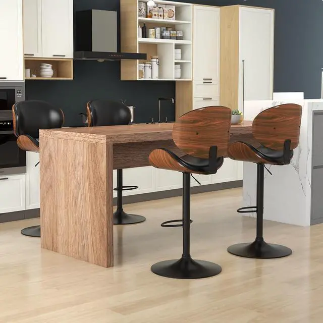 Alt view image 5 of 7 - Bar Stools Set of 6, Swivel Adjustable Height Barstools, PU Leather Upholstered Bar Chairs with Footrest, Bentwood Bar Stool for Kitchen, Bar, Dining Room(Black PU)
