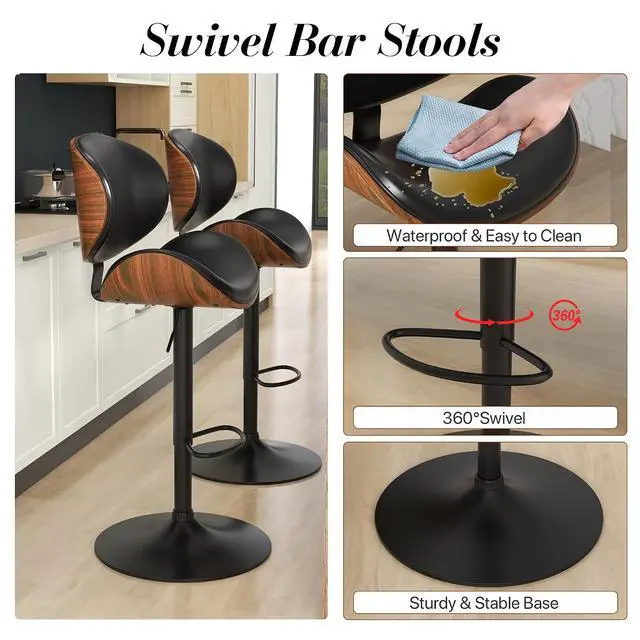 Alt view image 7 of 7 - Bar Stools Set of 6, Swivel Adjustable Height Barstools, PU Leather Upholstered Bar Chairs with Footrest, Bentwood Bar Stool for Kitchen, Bar, Dining Room(Black PU)