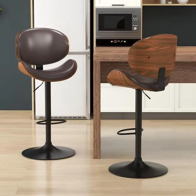 Alt view image 2 of 7 - Bar Stools Set of 2, Swivel Adjustable Height Barstools, PU Leather Upholstered Bar Chairs with Footrest, Bentwood Bar Stool for Kitchen, Bar, Dining Room(Brown PU)