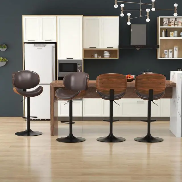 Alt view image 5 of 7 - Bar Stools Set of 2, Swivel Adjustable Height Barstools, PU Leather Upholstered Bar Chairs with Footrest, Bentwood Bar Stool for Kitchen, Bar, Dining Room(Brown PU)