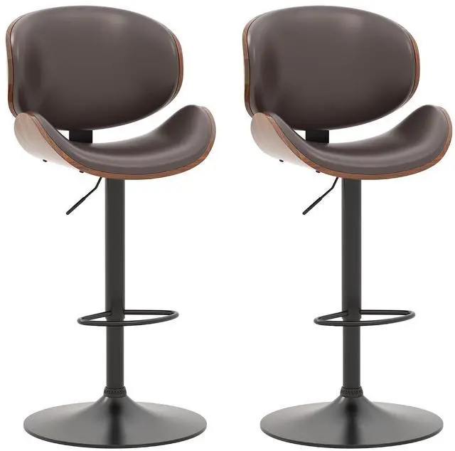 Main image of Bar Stools Set of 2, Swivel Adjustable Height Barstools, PU Leather Upholstered Bar Chairs with Footrest, Bentwood Bar Stool for Kitchen, Bar, Dining Room(Brown PU)