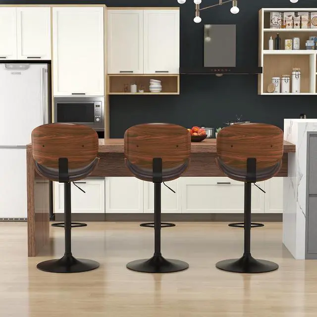 Alt view image 6 of 7 - Bar Stools Set of 2, Swivel Adjustable Height Barstools, PU Leather Upholstered Bar Chairs with Footrest, Bentwood Bar Stool for Kitchen, Bar, Dining Room(Brown PU)