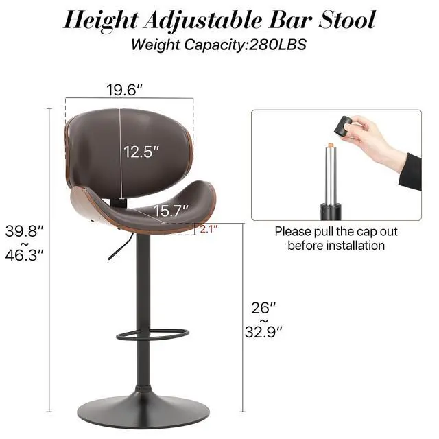 Alt view image 3 of 7 - Bar Stools Set of 2, Swivel Adjustable Height Barstools, PU Leather Upholstered Bar Chairs with Footrest, Bentwood Bar Stool for Kitchen, Bar, Dining Room(Brown PU)