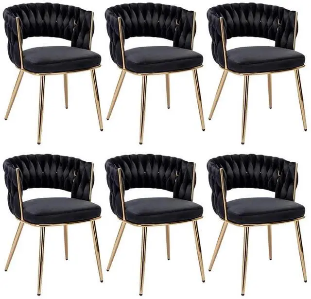 Main image of Velvet Dining Chairs Set of 6, Gold Modern Dining Chair with Metal Legs, Woven Upholstered Dining Chairs for Dining Room, Kitchen, Vanity, Living Room (Black)