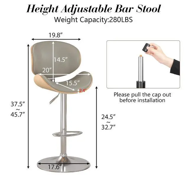 Alt view image 3 of 7 - Bar Stools Set of 2, Swivel Adjustable Height Barstools, PU Leather Upholstered Bar Chairs with Footrest, Bentwood Bar Stool for Kitchen, Bar, Dining Room(Grey PU)
