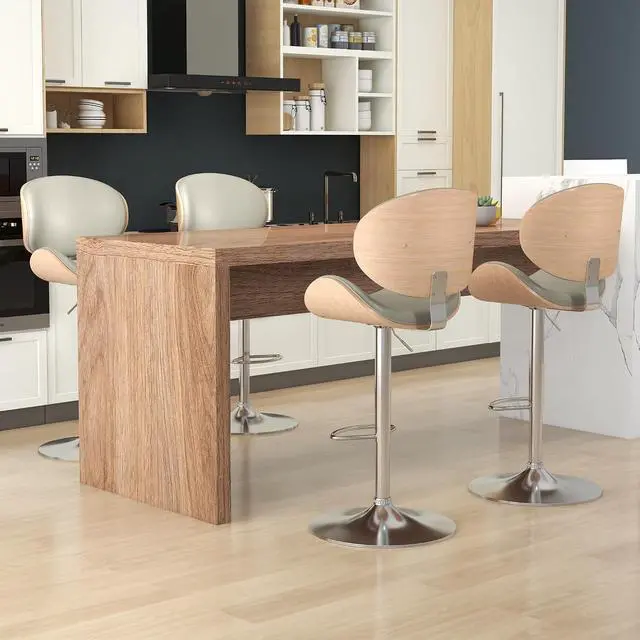 Alt view image 4 of 7 - Bar Stools Set of 2, Swivel Adjustable Height Barstools, PU Leather Upholstered Bar Chairs with Footrest, Bentwood Bar Stool for Kitchen, Bar, Dining Room(Grey PU)