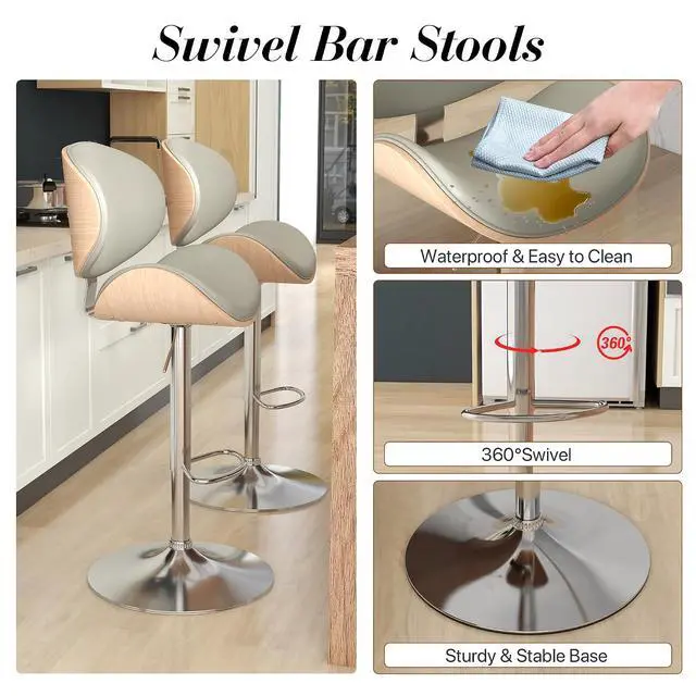 Alt view image 5 of 7 - Bar Stools Set of 2, Swivel Adjustable Height Barstools, PU Leather Upholstered Bar Chairs with Footrest, Bentwood Bar Stool for Kitchen, Bar, Dining Room(Grey PU)