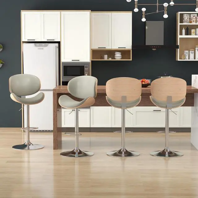 Alt view image 6 of 7 - Bar Stools Set of 2, Swivel Adjustable Height Barstools, PU Leather Upholstered Bar Chairs with Footrest, Bentwood Bar Stool for Kitchen, Bar, Dining Room(Grey PU)