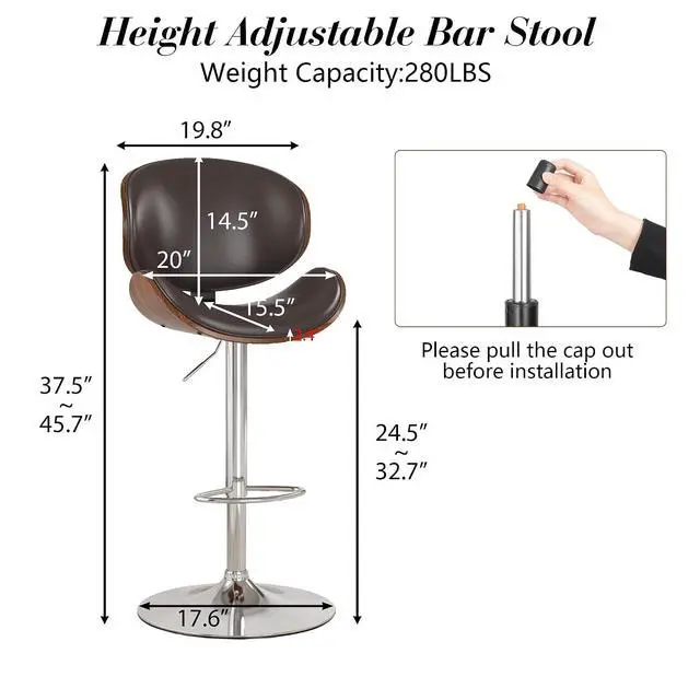 Alt view image 3 of 7 - Bar Stools Set of 6, Swivel Adjustable Height Barstools, PU Leather Upholstered Bar Chairs with Footrest, Bentwood Bar Stool for Kitchen, Bar, Dining Room(Brown PU)