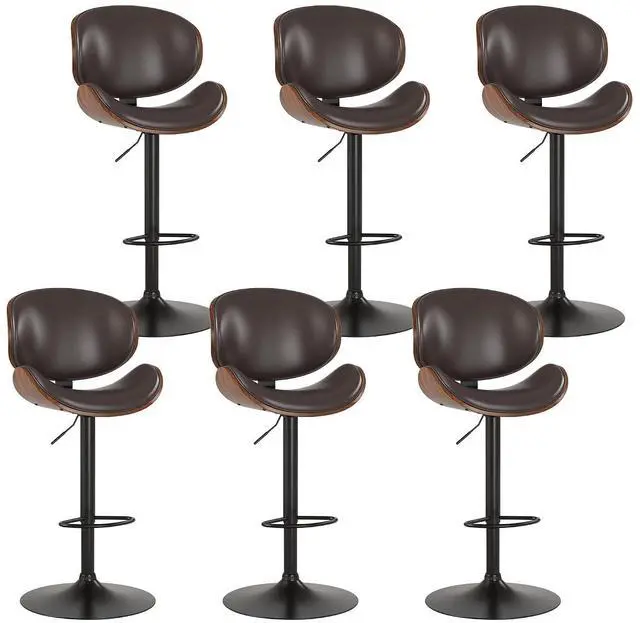 Main image of Bar Stools Set of 6, Swivel Adjustable Height Barstools, PU Leather Upholstered Bar Chairs with Footrest, Bentwood Bar Stool for Kitchen, Bar, Dining Room(Brown PU)
