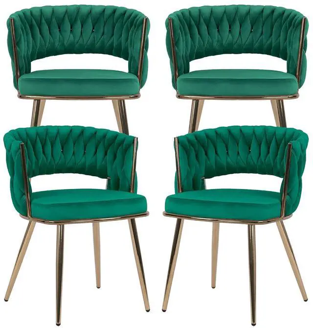 Main image of Velvet Dining Chairs Set of 4, Gold Modern Dining Chair with Metal Legs, Woven Upholstered Dining Chairs for Dining Room, Kitchen, Vanity, Living Room (Green)