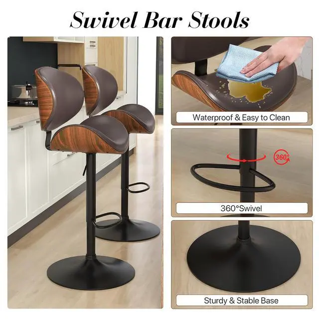 Alt view image 4 of 7 - Bar Stools Set of 6, Swivel Adjustable Height Barstools, PU Leather Upholstered Bar Chairs with Footrest, Bentwood Bar Stool for Kitchen, Bar, Dining Room(Brown PU)