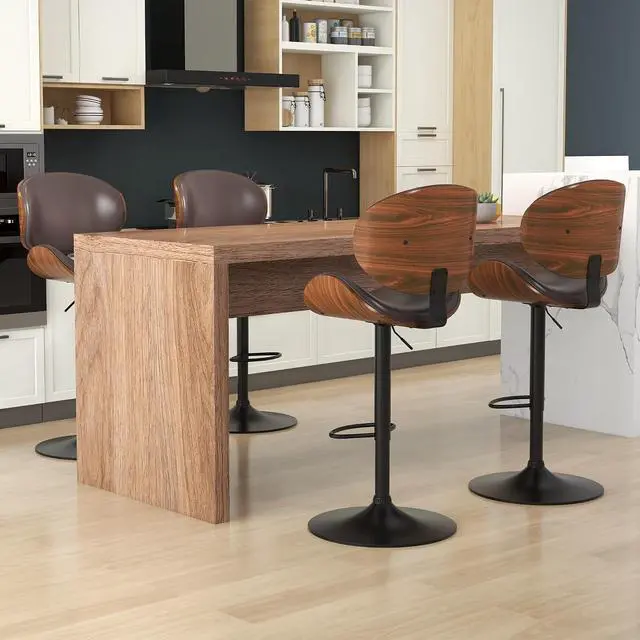 Alt view image 7 of 7 - Bar Stools Set of 6, Swivel Adjustable Height Barstools, PU Leather Upholstered Bar Chairs with Footrest, Bentwood Bar Stool for Kitchen, Bar, Dining Room(Brown PU)