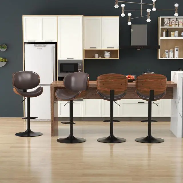 Alt view image 6 of 7 - Bar Stools Set of 6, Swivel Adjustable Height Barstools, PU Leather Upholstered Bar Chairs with Footrest, Bentwood Bar Stool for Kitchen, Bar, Dining Room(Brown PU)