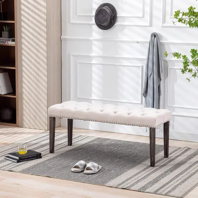 Alt view image 4 of 7 - Button-Tufted Ottoman Bench, Upholstered Bedroom Benches Velvet Footrest Stool Accent Bench for Entryway Dining Room Living Room Bedroom End of Bed, Beige