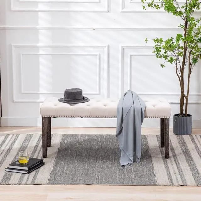 Alt view image 5 of 7 - Button-Tufted Ottoman Bench, Upholstered Bedroom Benches Velvet Footrest Stool Accent Bench for Entryway Dining Room Living Room Bedroom End of Bed, Beige