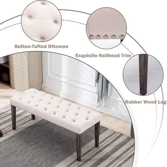 Alt view image 6 of 7 - Button-Tufted Ottoman Bench, Upholstered Bedroom Benches Velvet Footrest Stool Accent Bench for Entryway Dining Room Living Room Bedroom End of Bed, Beige