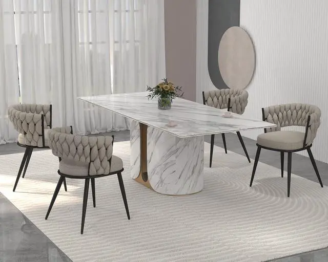 Alt view image 4 of 7 - Fabric Dining Chairs Set of 4, Modern Dining Chair with Metal Legs, Woven Upholstered Dining Chairs for Dining Room, Kitchen, Vanity, Living Room (Beige)