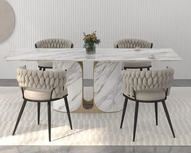 Alt view image 5 of 7 - Fabric Dining Chairs Set of 4, Modern Dining Chair with Metal Legs, Woven Upholstered Dining Chairs for Dining Room, Kitchen, Vanity, Living Room (Beige)