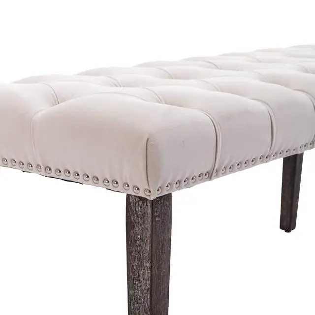 Alt view image 7 of 7 - Button-Tufted Ottoman Bench, Upholstered Bedroom Benches Velvet Footrest Stool Accent Bench for Entryway Dining Room Living Room Bedroom End of Bed, Beige