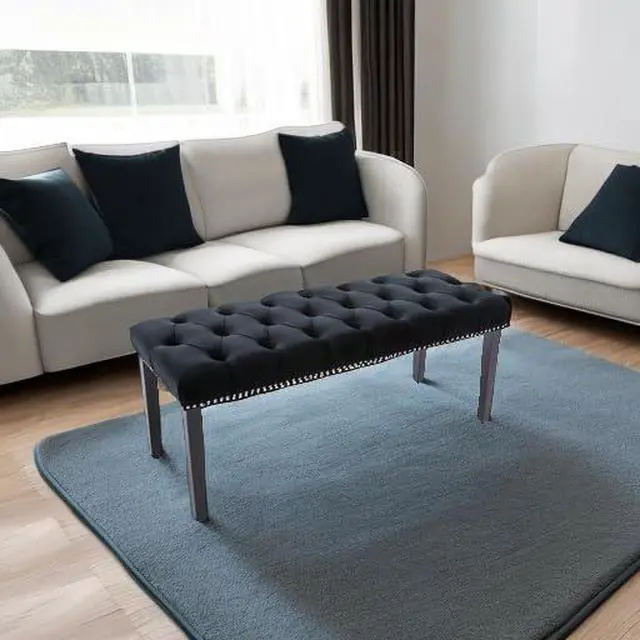 Alt view image 5 of 7 - Button-Tufted Ottoman Bench, Upholstered Bedroom Benches Velvet Footrest Stool Accent Bench for Entryway Dining Room Living Room Bedroom End of Bed, Black