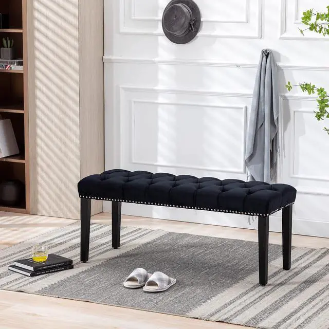 Alt view image 2 of 7 - Button-Tufted Ottoman Bench, Upholstered Bedroom Benches Velvet Footrest Stool Accent Bench for Entryway Dining Room Living Room Bedroom End of Bed, Black