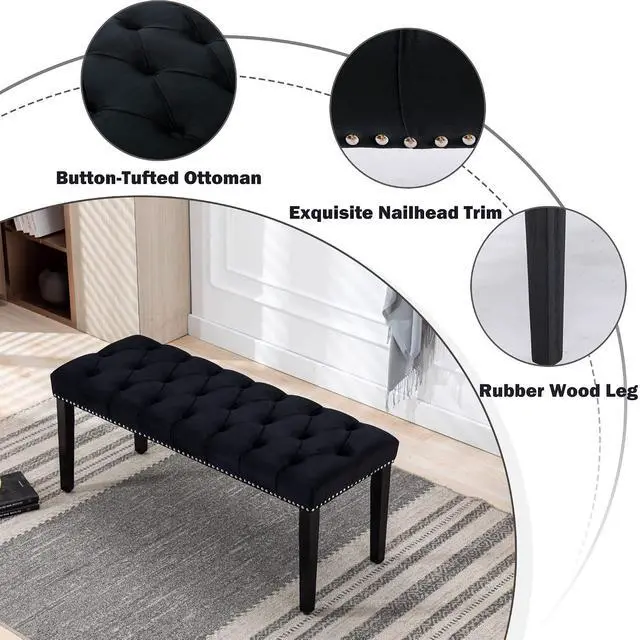 Alt view image 4 of 7 - Button-Tufted Ottoman Bench, Upholstered Bedroom Benches Velvet Footrest Stool Accent Bench for Entryway Dining Room Living Room Bedroom End of Bed, Black