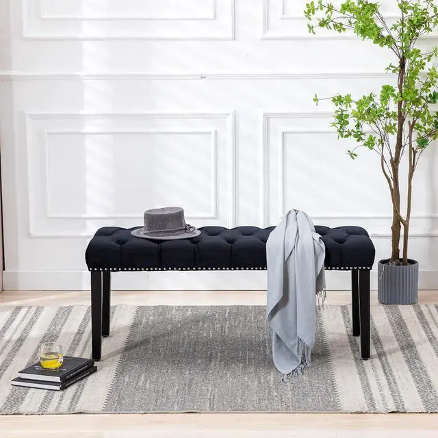 Alt view image 6 of 7 - Button-Tufted Ottoman Bench, Upholstered Bedroom Benches Velvet Footrest Stool Accent Bench for Entryway Dining Room Living Room Bedroom End of Bed, Black