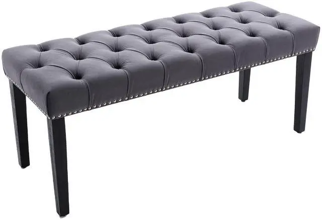 Main image of Button-Tufted Ottoman Bench, Upholstered Bedroom Benches Velvet Footrest Stool Accent Bench for Entryway Dining Room Living Room Bedroom End of Bed, Dark Gray