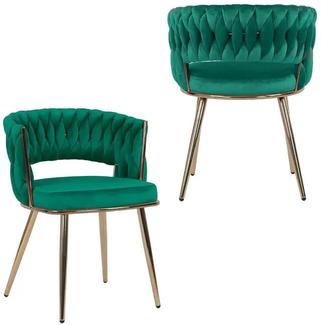 Main image of Velvet Dining Chairs Set of 2, Gold Modern Dining Chair with Metal Legs, Woven Upholstered Dining Chairs for Dining Room, Kitchen, Vanity, Living Room (Green)