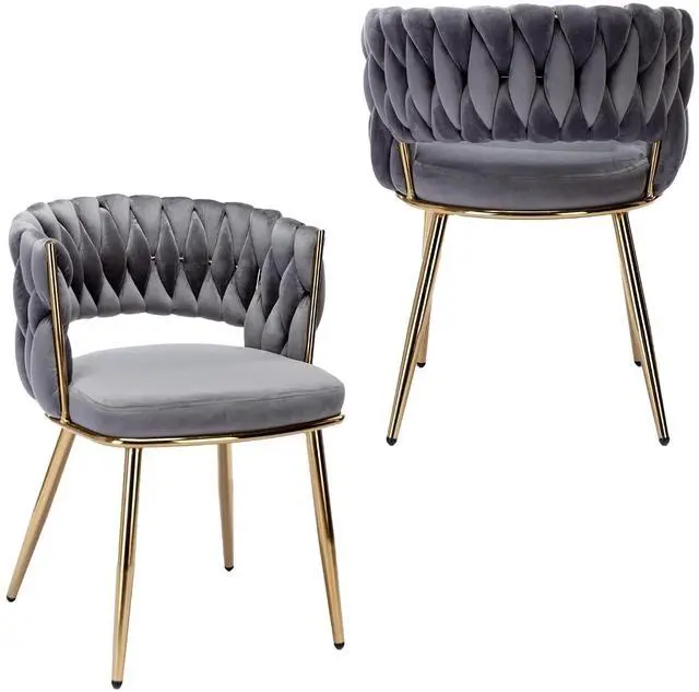 Main image of Velvet Dining Chairs Set of 2, Gold Modern Dining Chair with Metal Legs, Woven Upholstered Dining Chairs for Dining Room, Kitchen, Vanity, Living Room (Gray)