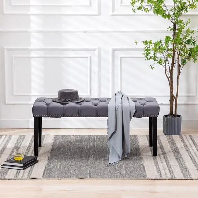Alt view image 5 of 7 - Button-Tufted Ottoman Bench, Upholstered Bedroom Benches Velvet Footrest Stool Accent Bench for Entryway Dining Room Living Room Bedroom End of Bed, Dark Gray