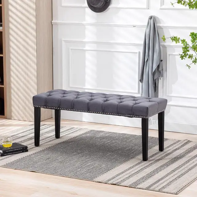 Alt view image 4 of 7 - Button-Tufted Ottoman Bench, Upholstered Bedroom Benches Velvet Footrest Stool Accent Bench for Entryway Dining Room Living Room Bedroom End of Bed, Dark Gray