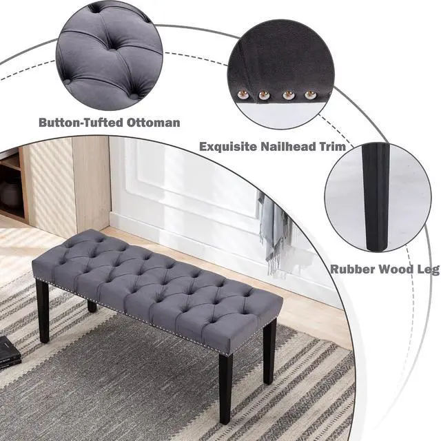 Alt view image 6 of 7 - Button-Tufted Ottoman Bench, Upholstered Bedroom Benches Velvet Footrest Stool Accent Bench for Entryway Dining Room Living Room Bedroom End of Bed, Dark Gray