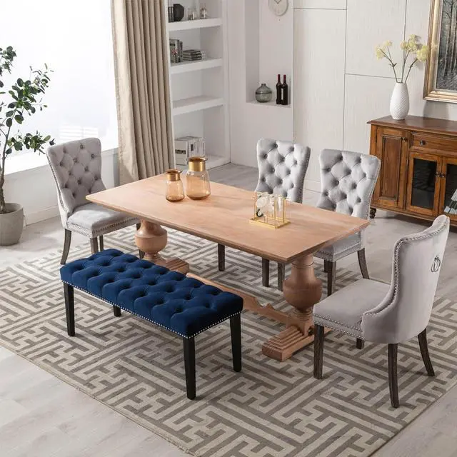 Alt view image 2 of 7 - Button-Tufted Ottoman Bench, Upholstered Bedroom Benches Velvet Footrest Stool Accent Bench for Entryway Dining Room Living Room Bedroom End of Bed, Blue