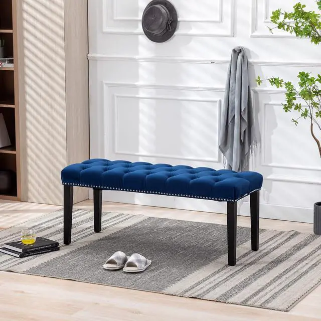Alt view image 4 of 7 - Button-Tufted Ottoman Bench, Upholstered Bedroom Benches Velvet Footrest Stool Accent Bench for Entryway Dining Room Living Room Bedroom End of Bed, Blue