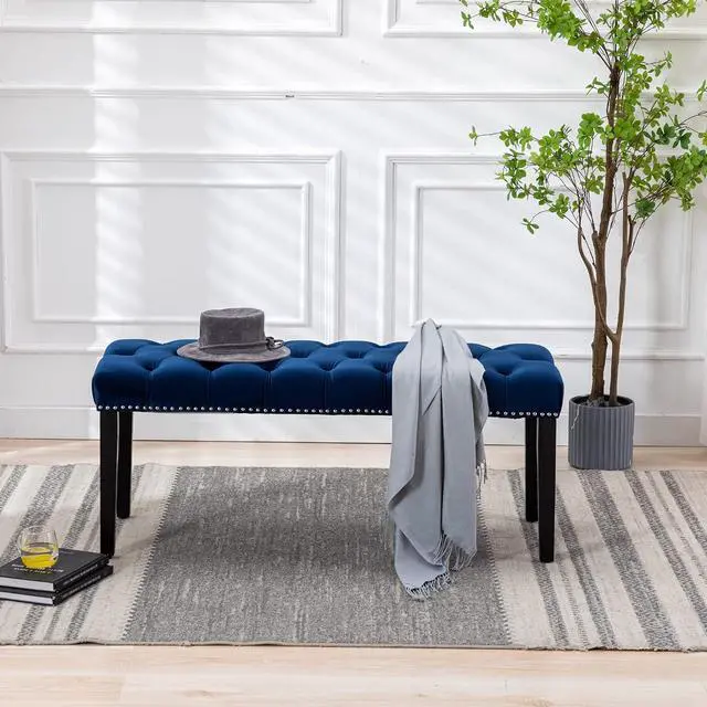 Alt view image 5 of 7 - Button-Tufted Ottoman Bench, Upholstered Bedroom Benches Velvet Footrest Stool Accent Bench for Entryway Dining Room Living Room Bedroom End of Bed, Blue