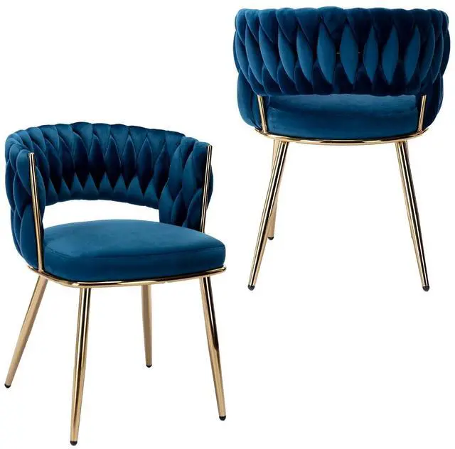 Main image of Modern Velvet Dining Chairs Set of 2, Upholstered Living Room Chair with Woven Back and Golden Metal Legs, Mid-Century Accent Side Chair for Dining Room, Kitchen, Blue
