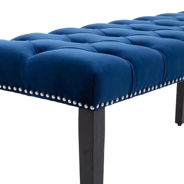 Alt view image 7 of 7 - Button-Tufted Ottoman Bench, Upholstered Bedroom Benches Velvet Footrest Stool Accent Bench for Entryway Dining Room Living Room Bedroom End of Bed, Blue