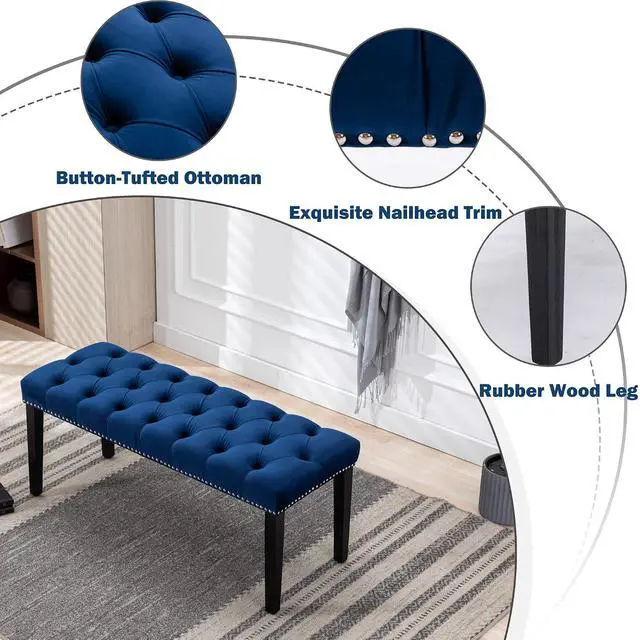 Alt view image 6 of 7 - Button-Tufted Ottoman Bench, Upholstered Bedroom Benches Velvet Footrest Stool Accent Bench for Entryway Dining Room Living Room Bedroom End of Bed, Blue